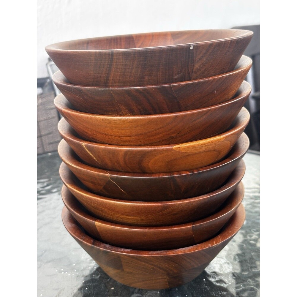 Vintage Wood Salad Bowl Set Of 8 Serving  6.5 “ Acacia Wood Mid Century